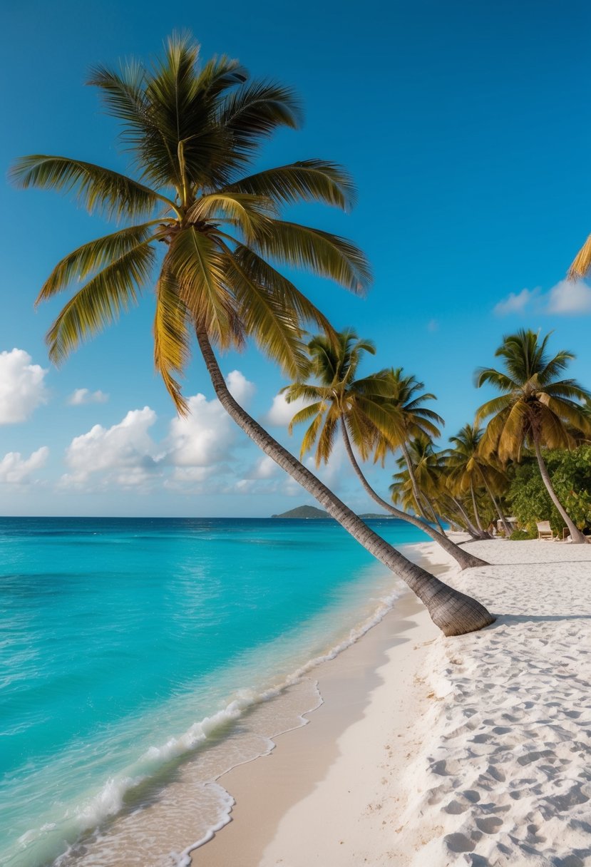 Turquoise waters lap against white sand beach lined with palm trees under a clear blue sky in St. Lucia, Caribbean