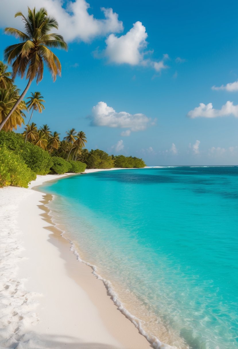 Crystal-clear turquoise waters lap against powdery white sand, framed by lush greenery and swaying palm trees under a cloudless sky