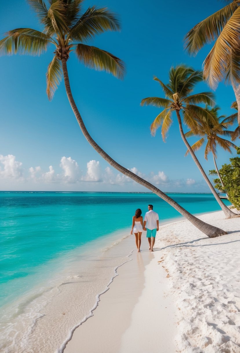 Turquoise waters lap against white sand, framed by palm trees and a clear blue sky. A couple walks along the shore, enjoying the idyllic Bahamas beach