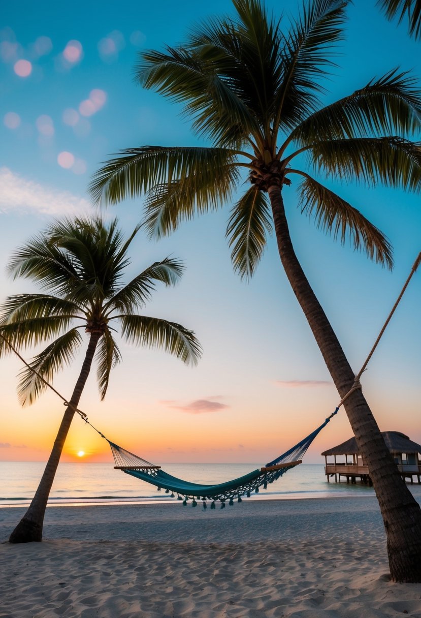 A serene beach at sunset, with a hammock strung between two palm trees and a cozy bungalow in the background