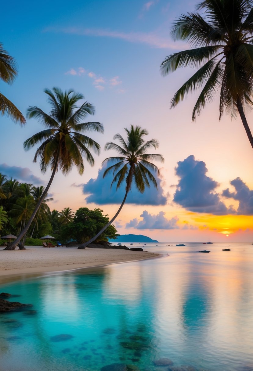 A serene beach with palm trees, crystal-clear water, and a colorful sunset in Bali, Indonesia