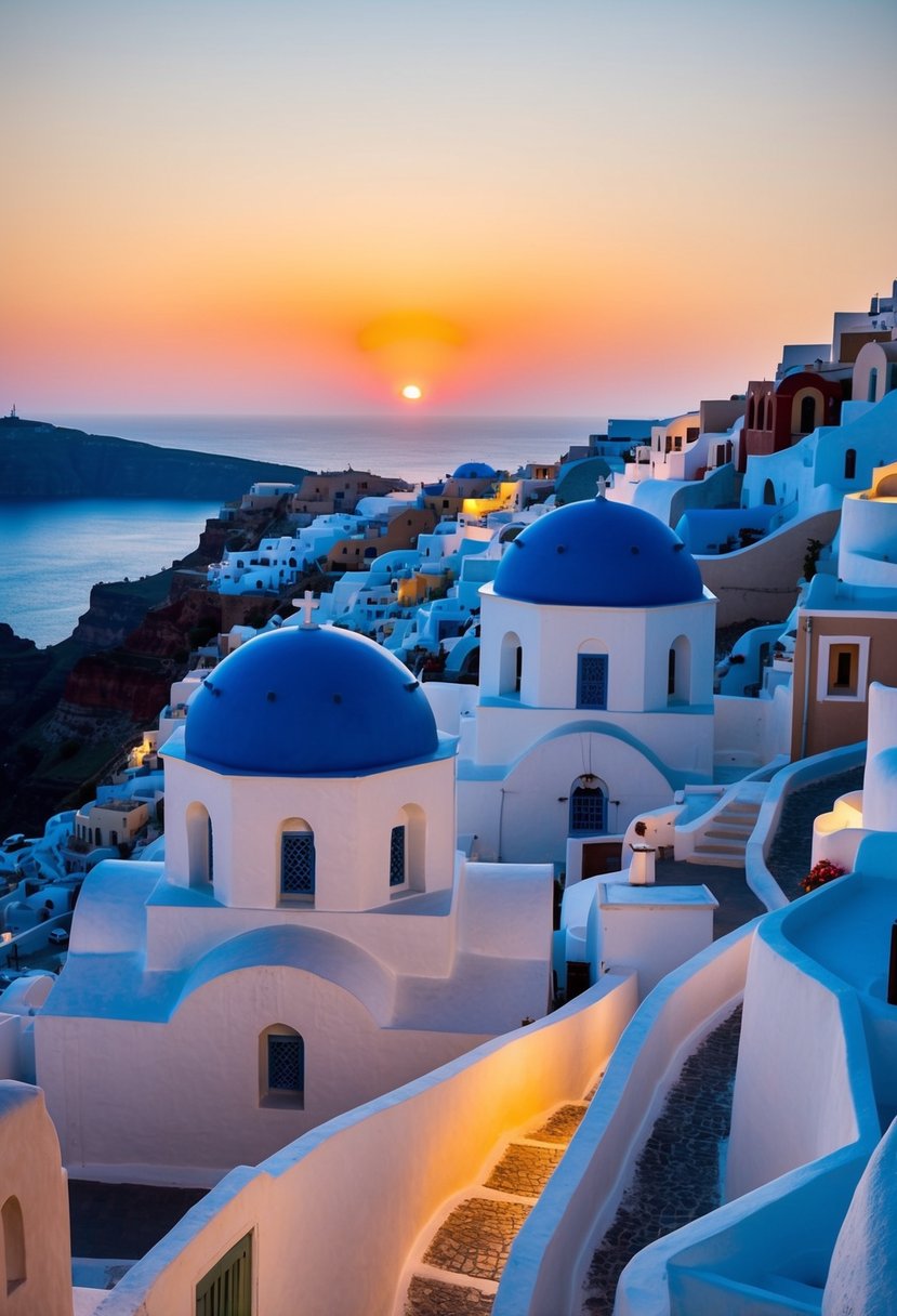 The sun sets over the white-washed buildings of Santorini, casting a warm glow over the blue-domed churches and winding cobblestone streets