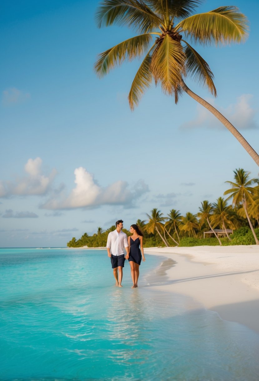 A couple strolling on a pristine beach in the Maldives, with crystal clear waters and palm trees, perfect for a honeymoon in January