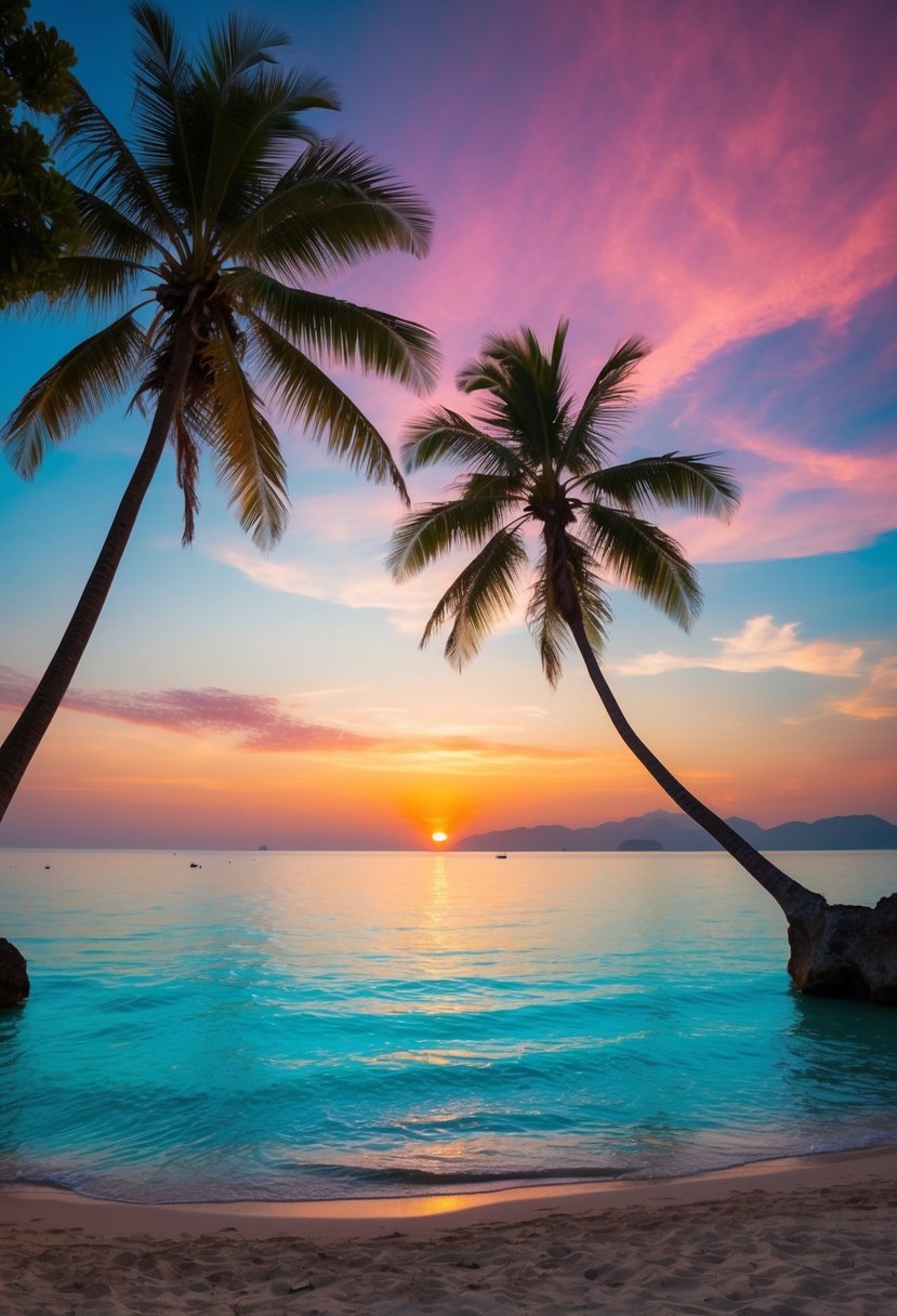 A serene beach at sunset, with palm trees, crystal-clear water, and a colorful sky, perfect for a budget honeymoon in Phuket, Thailand