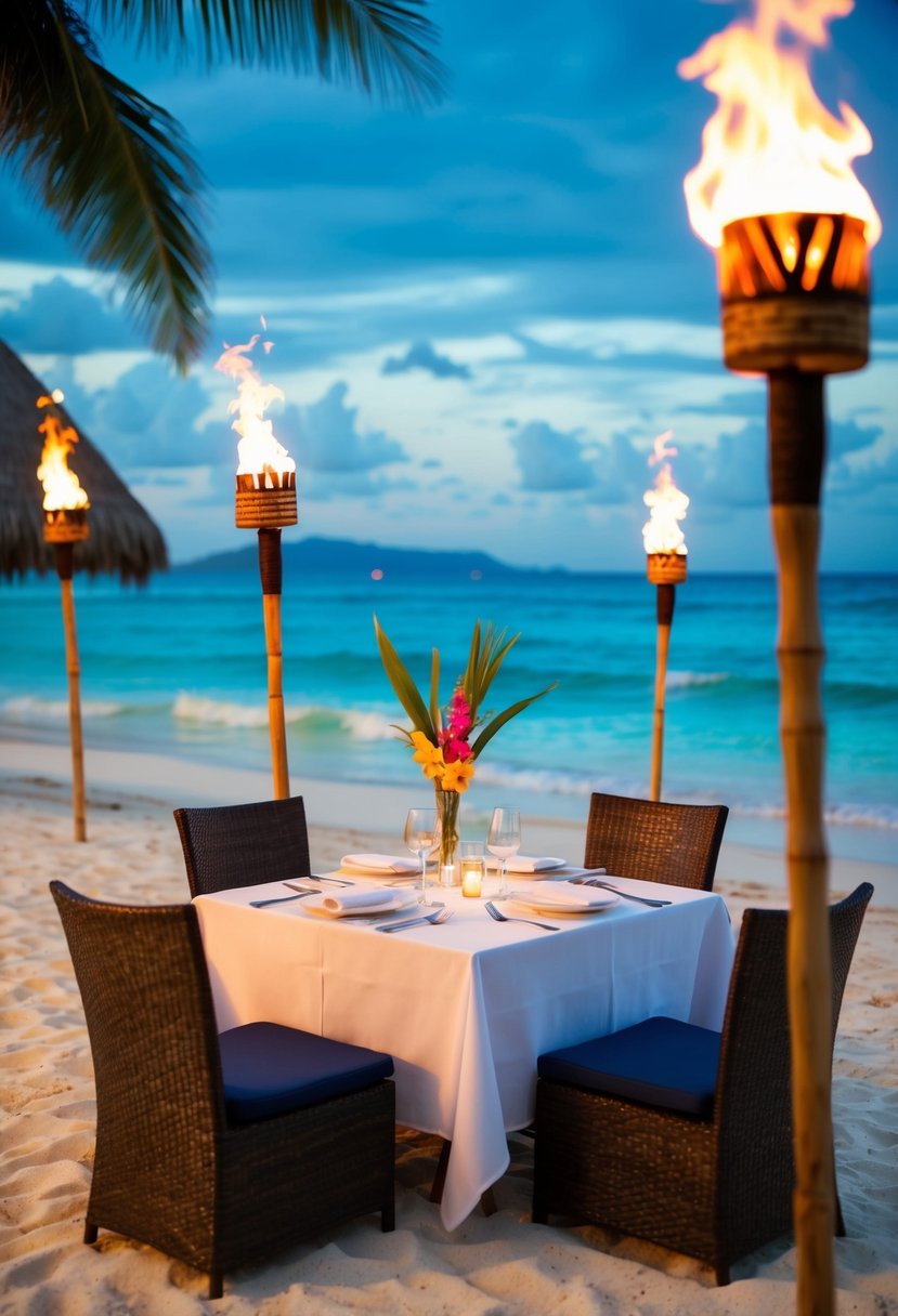 A romantic dinner setting on a beach at St. James Restaurant in Bora Bora, with a table set for two, surrounded by tiki torches and the sound of waves