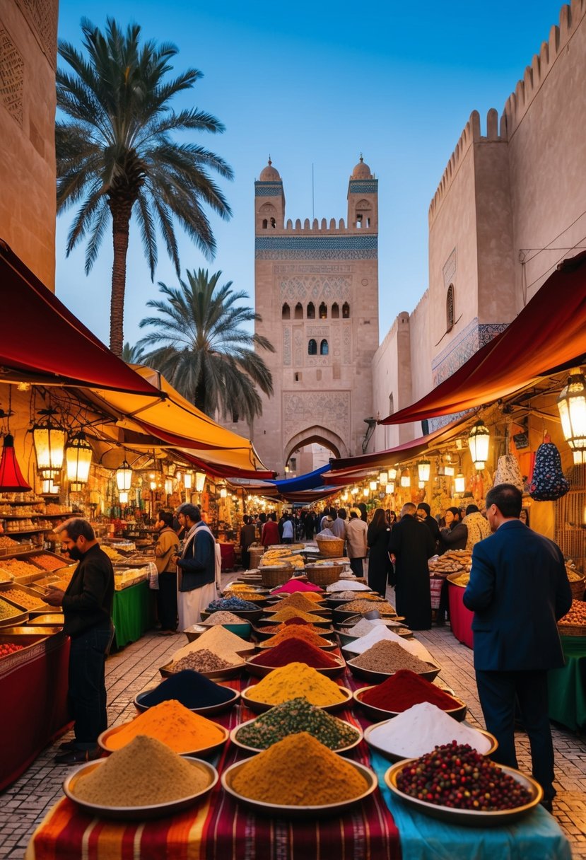 A bustling Marrakech market with colorful textiles, spices, and lanterns, surrounded by historic architecture and palm trees