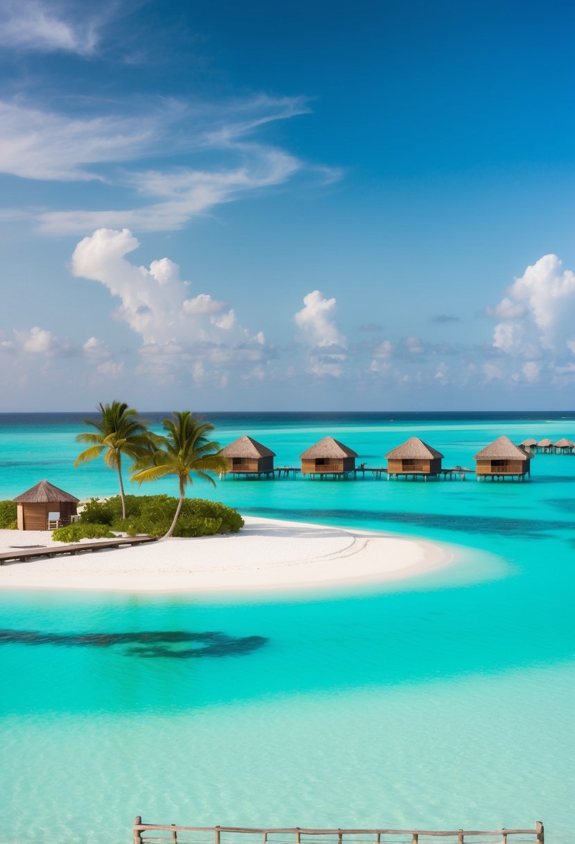 Turquoise waters, white sandy beaches, overwater bungalows, and palm trees on a secluded island in the Maldives in January