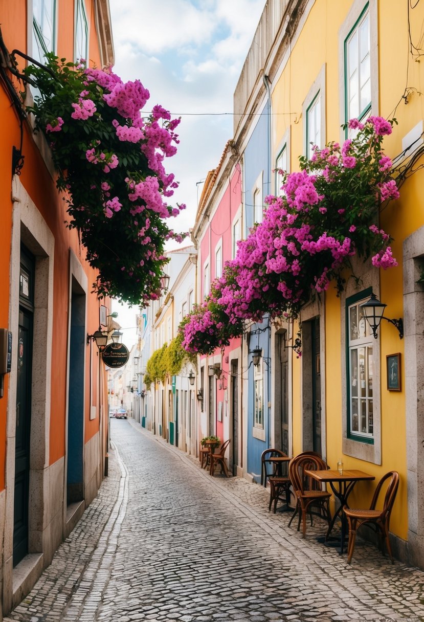 A cozy cobblestone alley in Lisbon, Portugal, lined with colorful buildings and blooming bougainvillea, leading to a charming local cafe