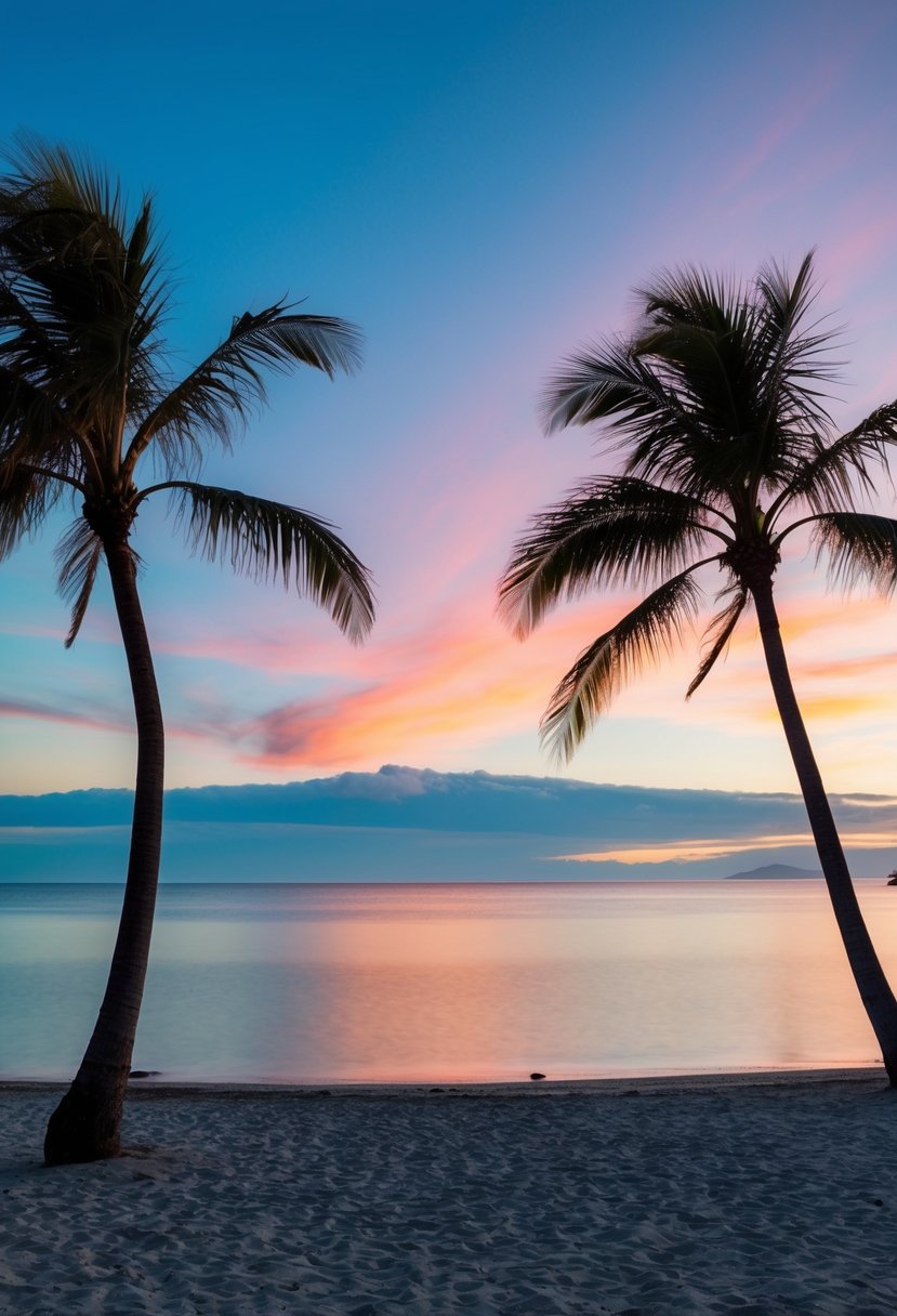 A tranquil beach at sunset, with palm trees and a clear, colorful sky, overlooking the calm waters of New Zealand in February