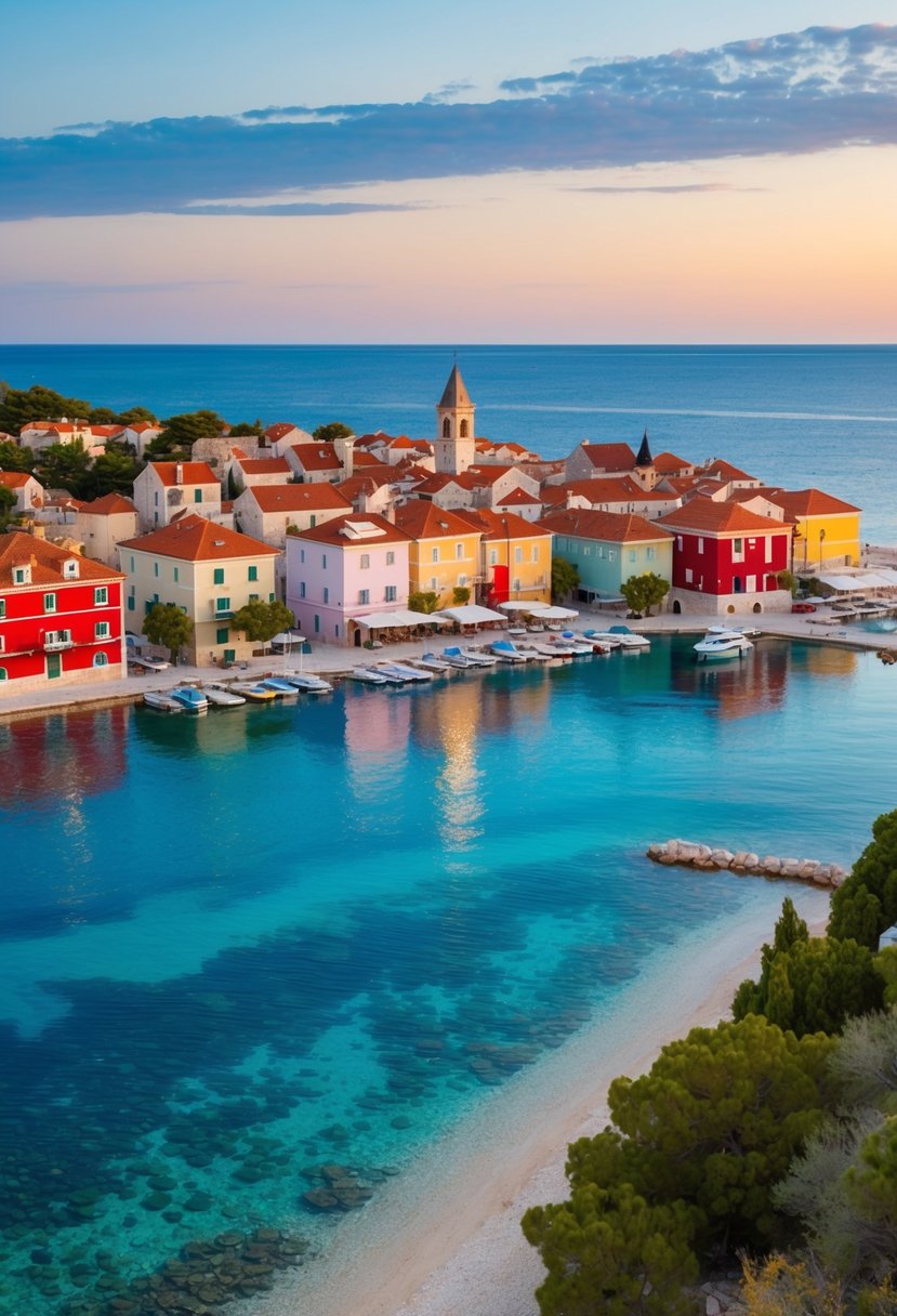 A picturesque seaside town in Hvar, Croatia with colorful buildings, crystal-clear waters, and a beautiful sunset over the horizon