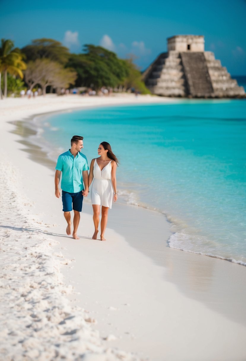 A couple strolling along a pristine white sand beach, with turquoise waters and ancient Mayan ruins in the background