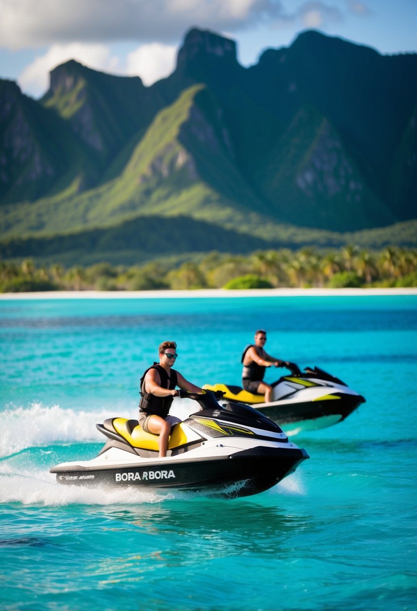 A couple jet skis across the crystal-clear turquoise waters of Bora Bora, with lush green mountains in the background