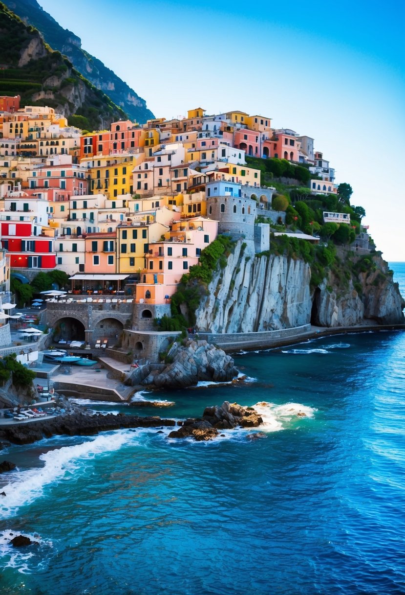 A scenic view of the Amalfi Coast in Italy during May, with colorful houses perched on cliffs overlooking the sparkling blue Mediterranean Sea