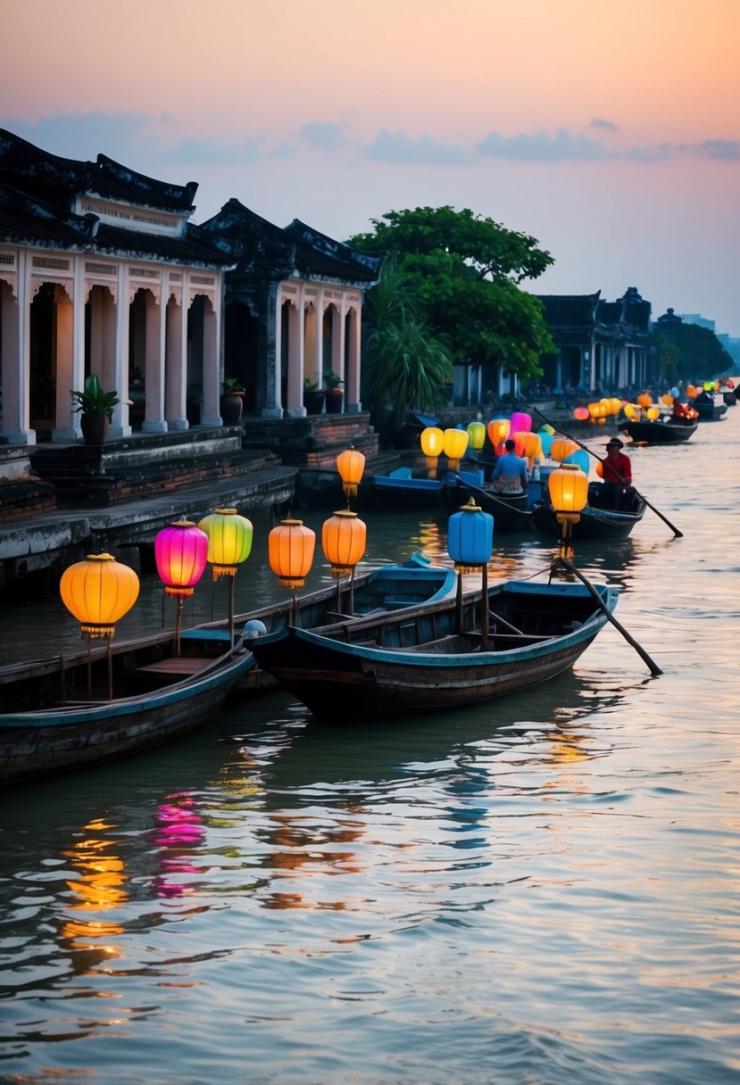 A serene riverfront with colorful lanterns, traditional boats, and ancient architecture in Hoi An, Vietnam