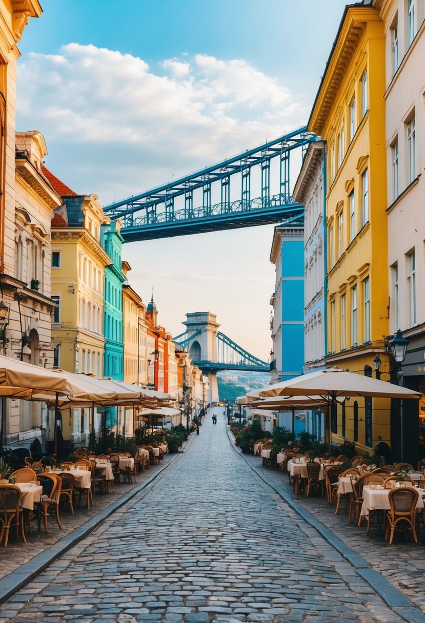 A charming cobblestone street in Budapest, lined with colorful buildings and outdoor cafes, with the iconic Chain Bridge in the background