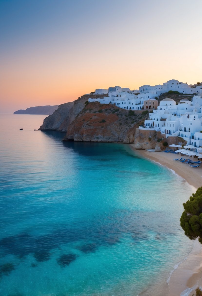 A serene beach at sunset, with crystal clear waters and a backdrop of white-washed buildings nestled into the cliffs overlooking the Aegean Sea