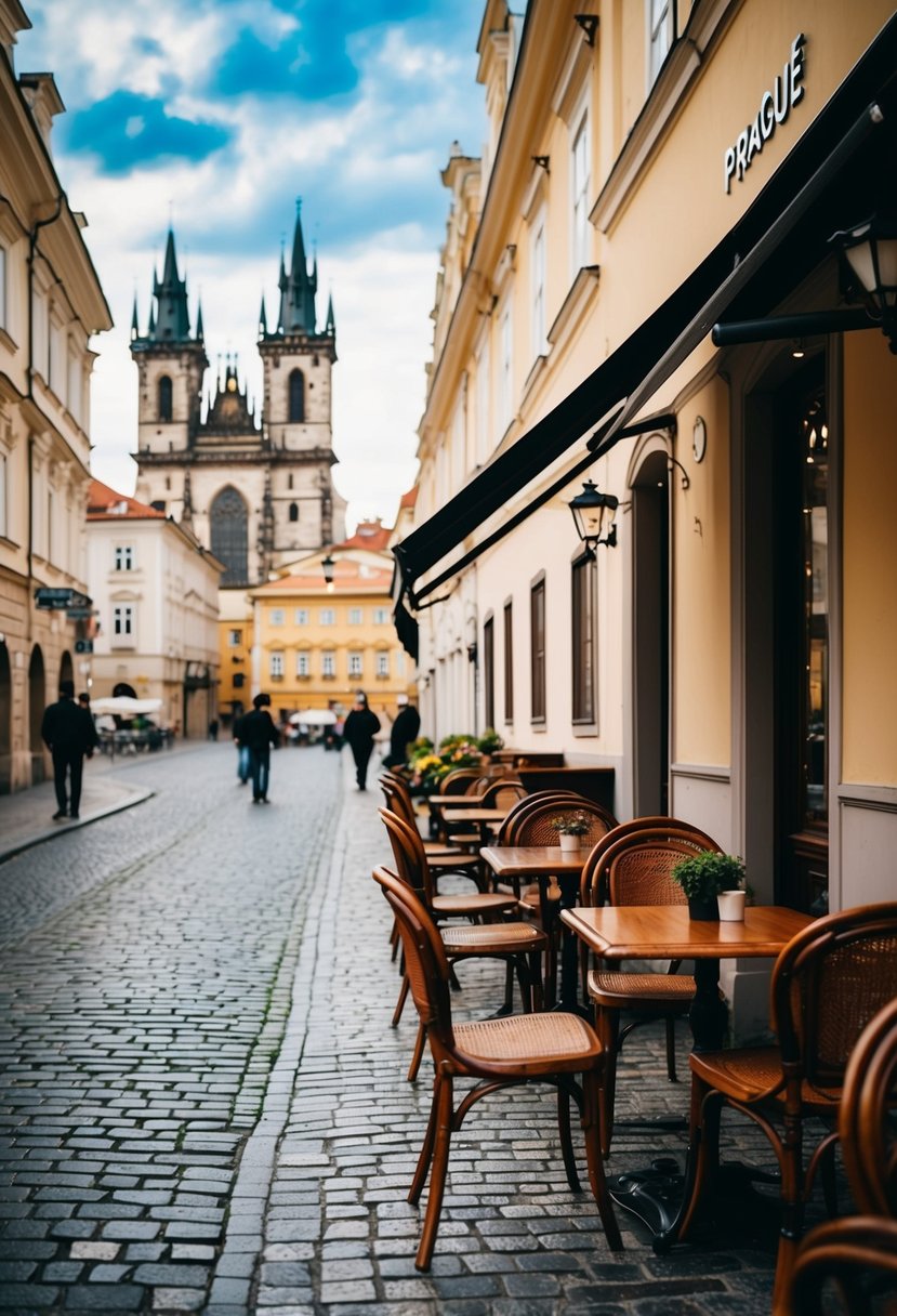 A cozy cafe in Prague's Old Town, with cobblestone streets and historic buildings in the background