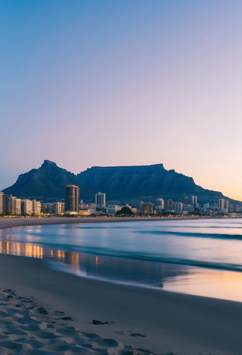 A tranquil beach at sunset in Cape Town, with a backdrop of Table Mountain and the city skyline, offering a romantic and budget-friendly honeymoon destination