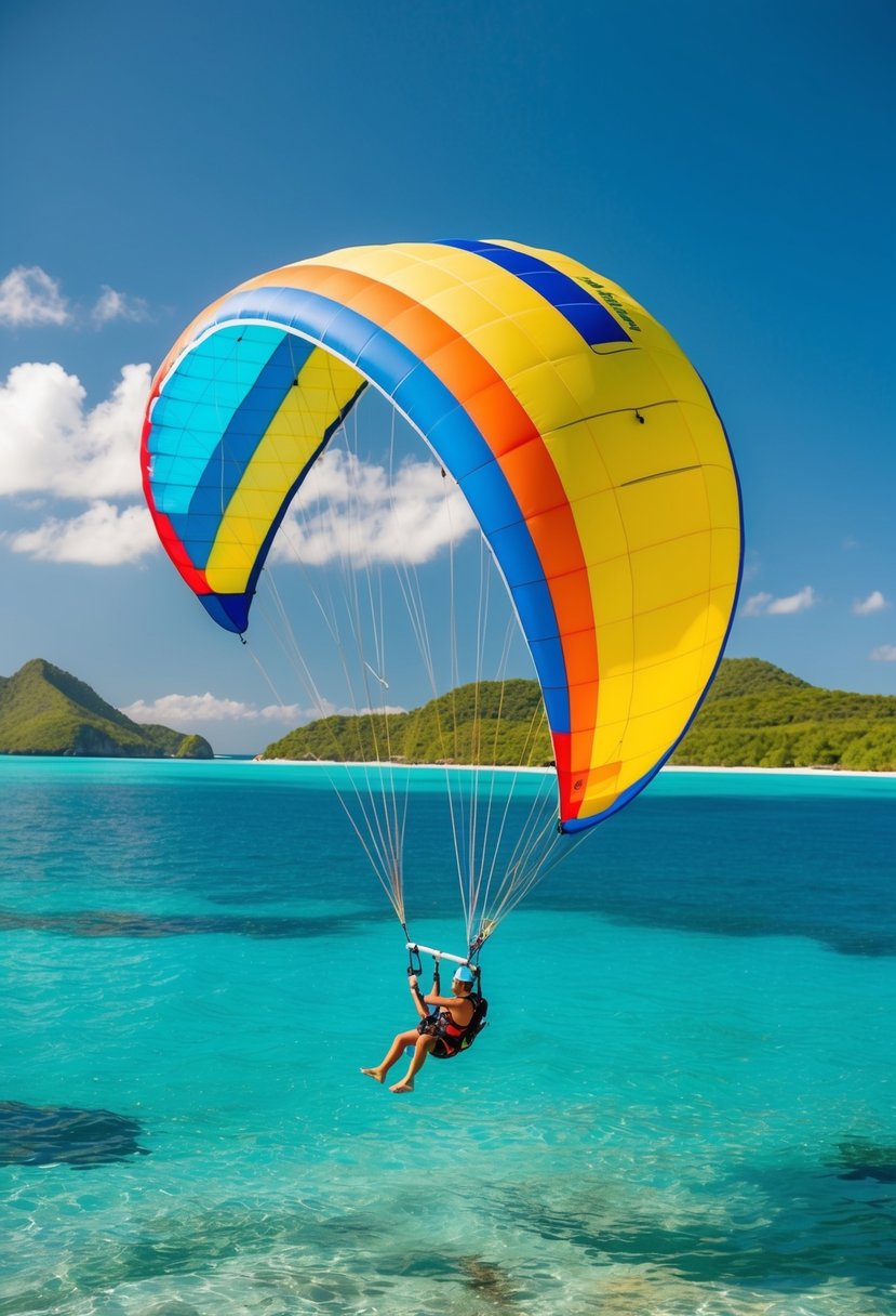 A colorful parasail glides over the crystal-clear lagoon, with lush green islands in the background and a clear blue sky above