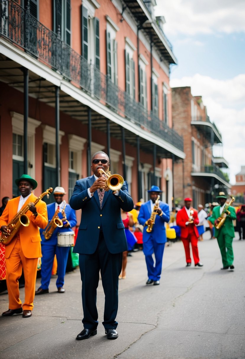 Colorful street market in New Orleans with jazz music, street performers, and historic architecture