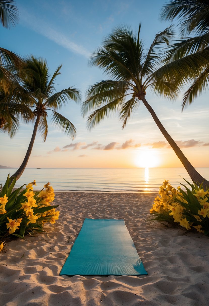 A serene beach at sunrise, with a yoga mat facing the calm sea, surrounded by palm trees and tropical flowers