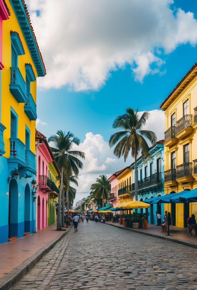 A vibrant street in Cartagena, Colombia with colorful colonial buildings, bustling markets, and palm trees lining the cobblestone streets