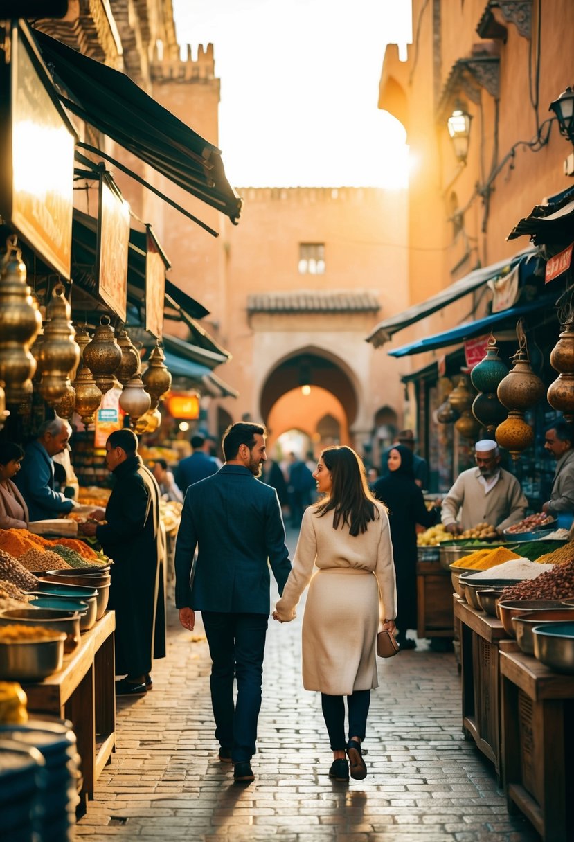 A couple walks hand in hand through a bustling Moroccan market, surrounded by vibrant colors and the scent of exotic spices. The warm October sun casts a golden glow over the ancient architecture