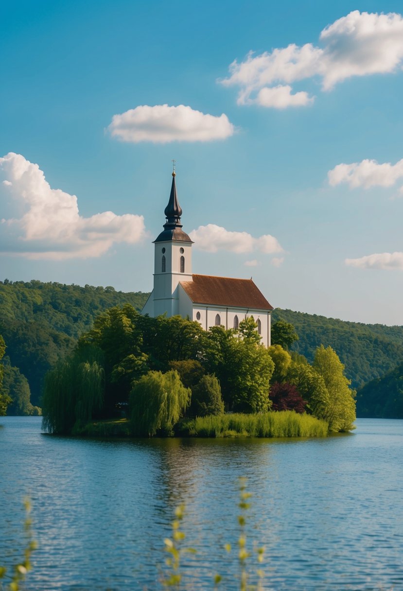 A tranquil lake surrounded by lush greenery, with a picturesque island and a charming church perched on top