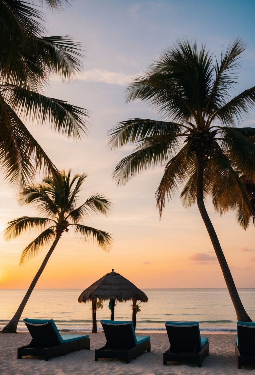 A serene beach at sunset, palm trees swaying in the warm breeze, with a couple of lounge chairs and a small tiki hut in the background