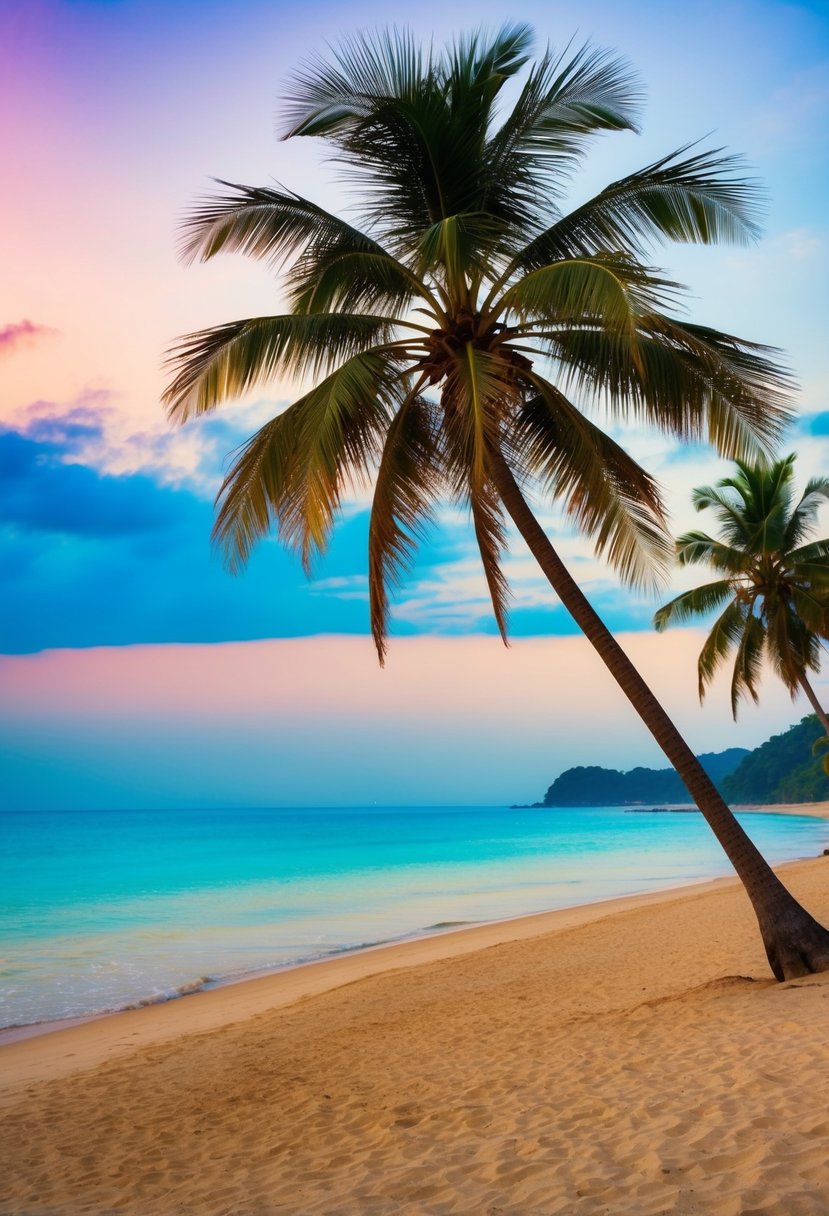 A serene beach in Goa, India with palm trees, clear blue water, and a colorful sunset