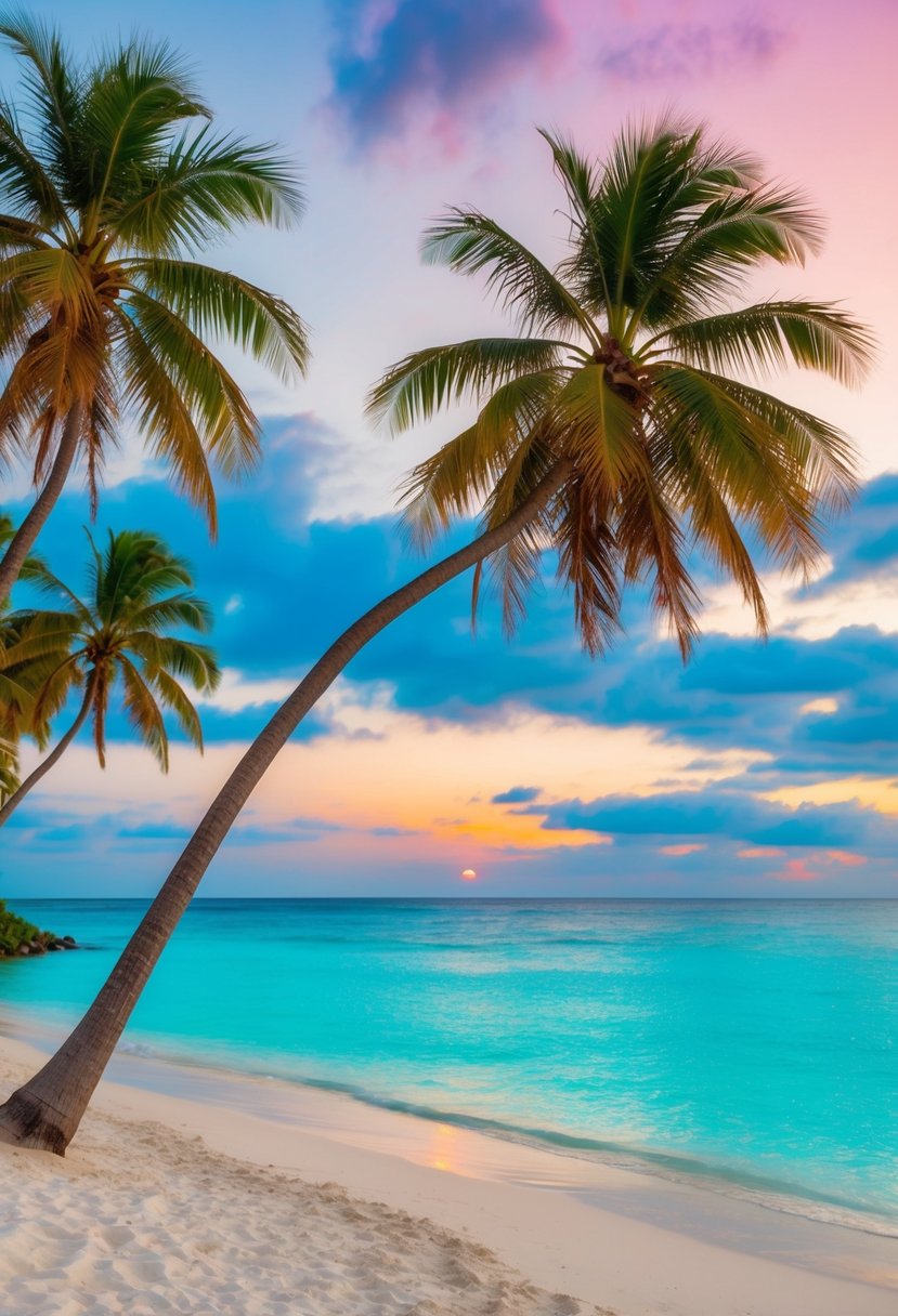 A serene beach with crystal clear turquoise waters, palm trees swaying in the gentle breeze, and a colorful sunset over the horizon