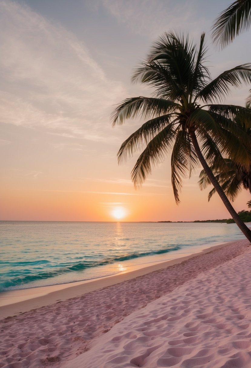 The sun sets over Pink Sands Beach, casting a warm glow on the powdery pink sand and turquoise waters, with palm trees swaying in the gentle breeze