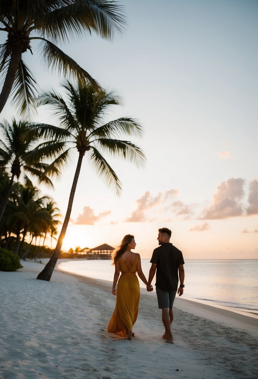 A couple strolling along a pristine beach at sunset, palm trees swaying in the background, with a luxurious resort in the distance