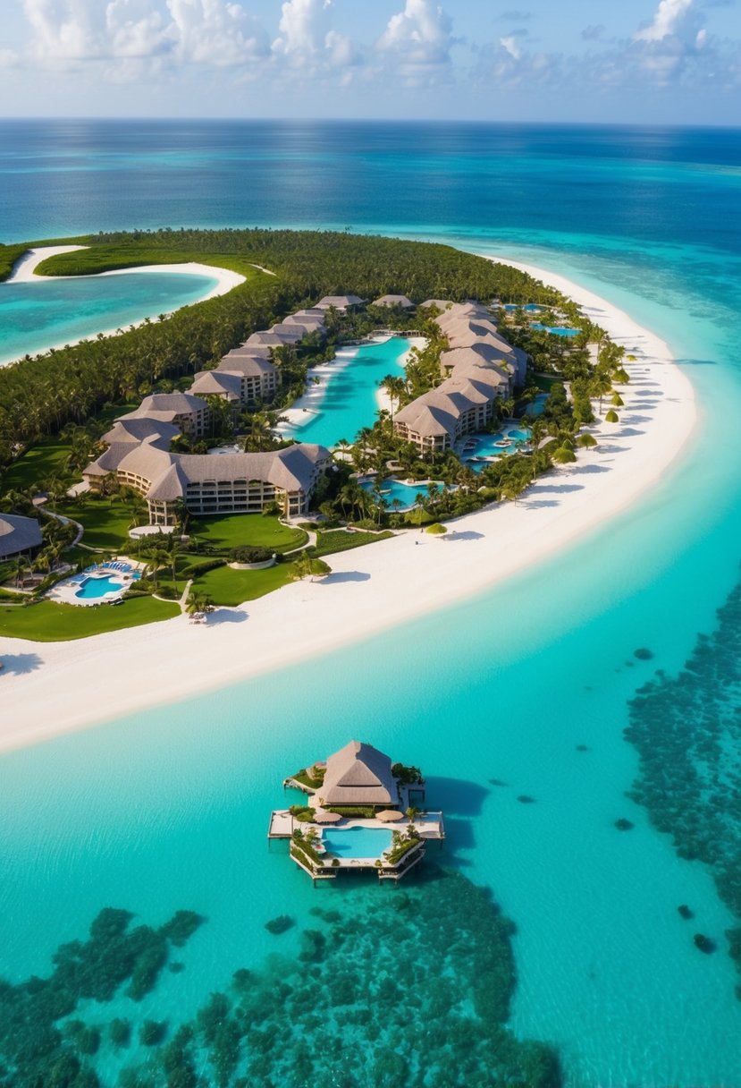 Aerial view of Atlantis Paradise Island Resort, with crystal-clear turquoise waters, white sandy beaches, lush greenery, and luxurious villas and amenities