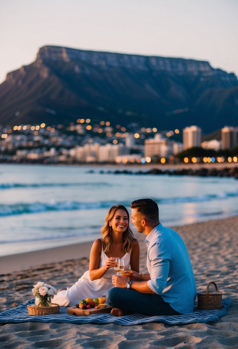 A couple enjoys a romantic sunset picnic on a secluded beach in Cape Town, with Table Mountain in the background