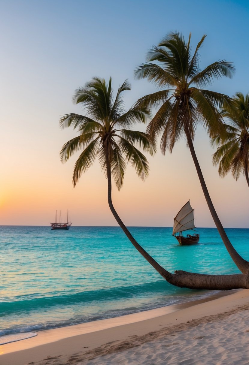 A serene beach at sunset, palm trees swaying in the warm breeze, crystal clear turquoise waters, and a traditional dhow sailing in the distance