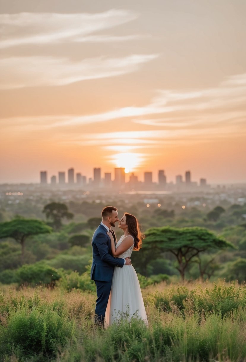 A couple enjoys a romantic sunset over the Nairobi skyline, surrounded by lush greenery and wildlife