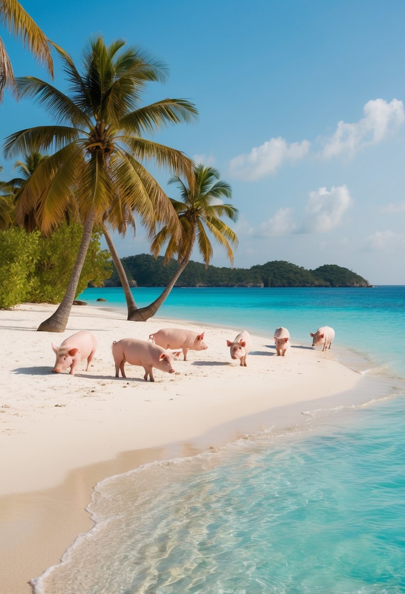 A serene beach with crystal-clear waters, white sand, and pigs roaming freely. Palm trees sway in the gentle breeze, creating a perfect honeymoon setting
