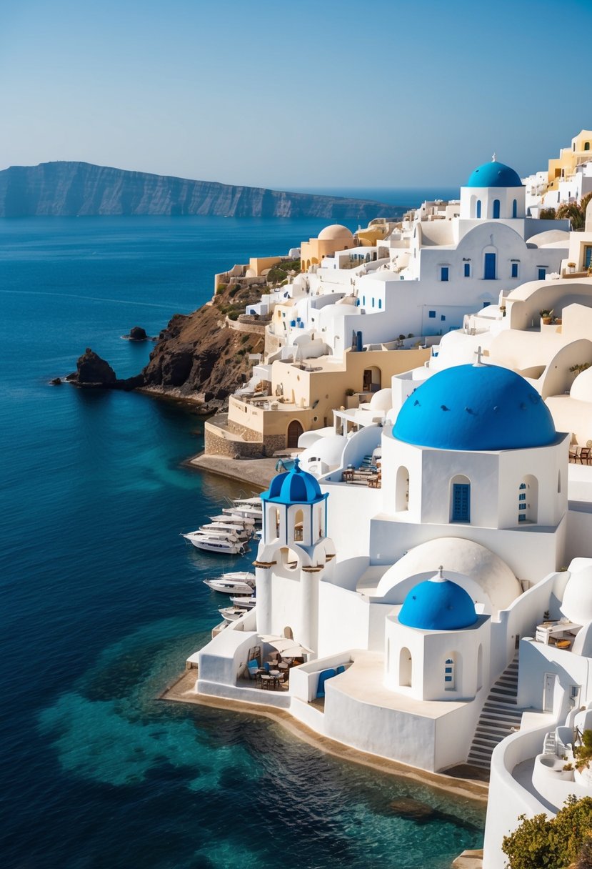 A picturesque view of white-washed buildings with blue domes overlooking the crystal-clear waters of Santorini, Greece