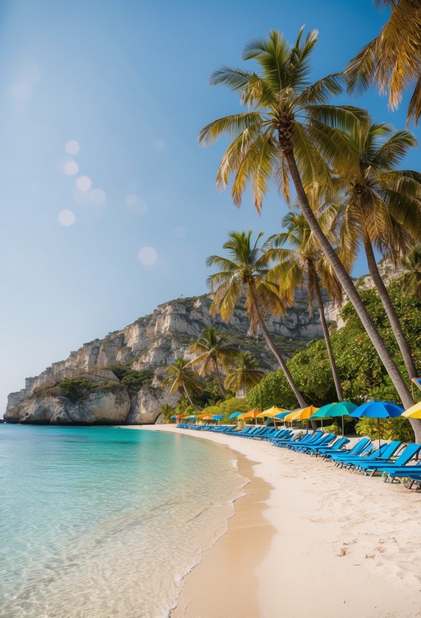 A serene beach with palm trees, crystal clear waters, and colorful umbrellas lining the shore. Rocky cliffs in the distance frame the idyllic scene
