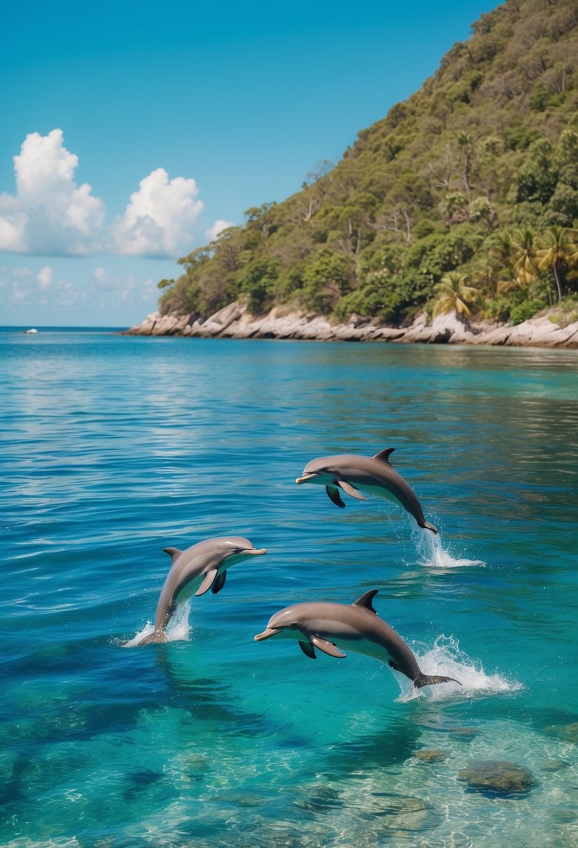 A tranquil cove with crystal-clear waters, where dolphins play and leap in the warm, tropical sun