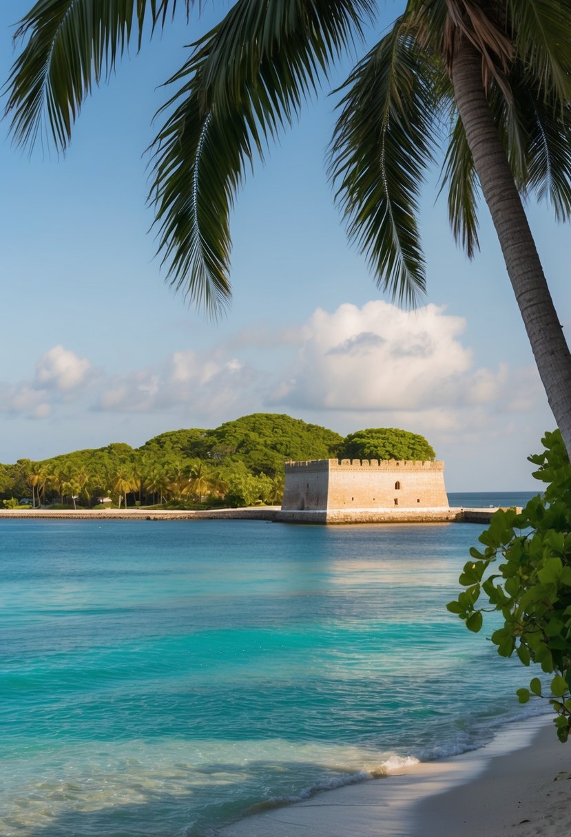 A serene bay with palm-fringed shores, crystal-clear waters, and a historic fort nestled among lush greenery