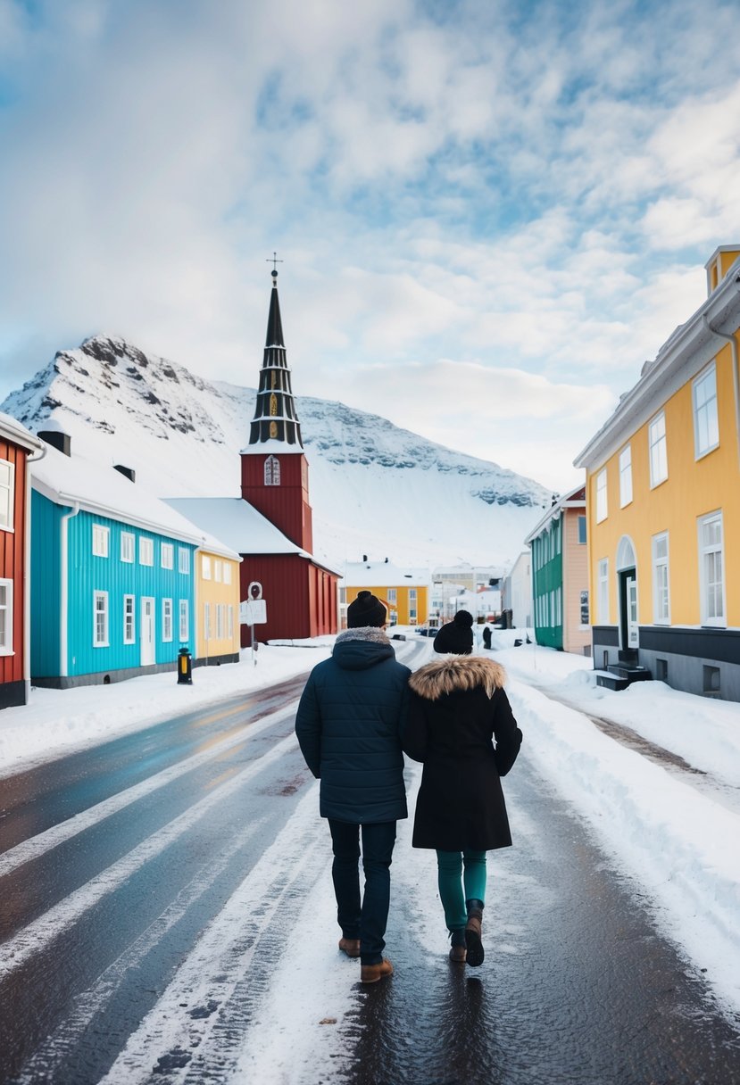 A couple walks along a snowy street in Reykjavik, passing colorful buildings and the iconic HallgrÃmskirkja church. Snow-capped mountains loom in the distance
