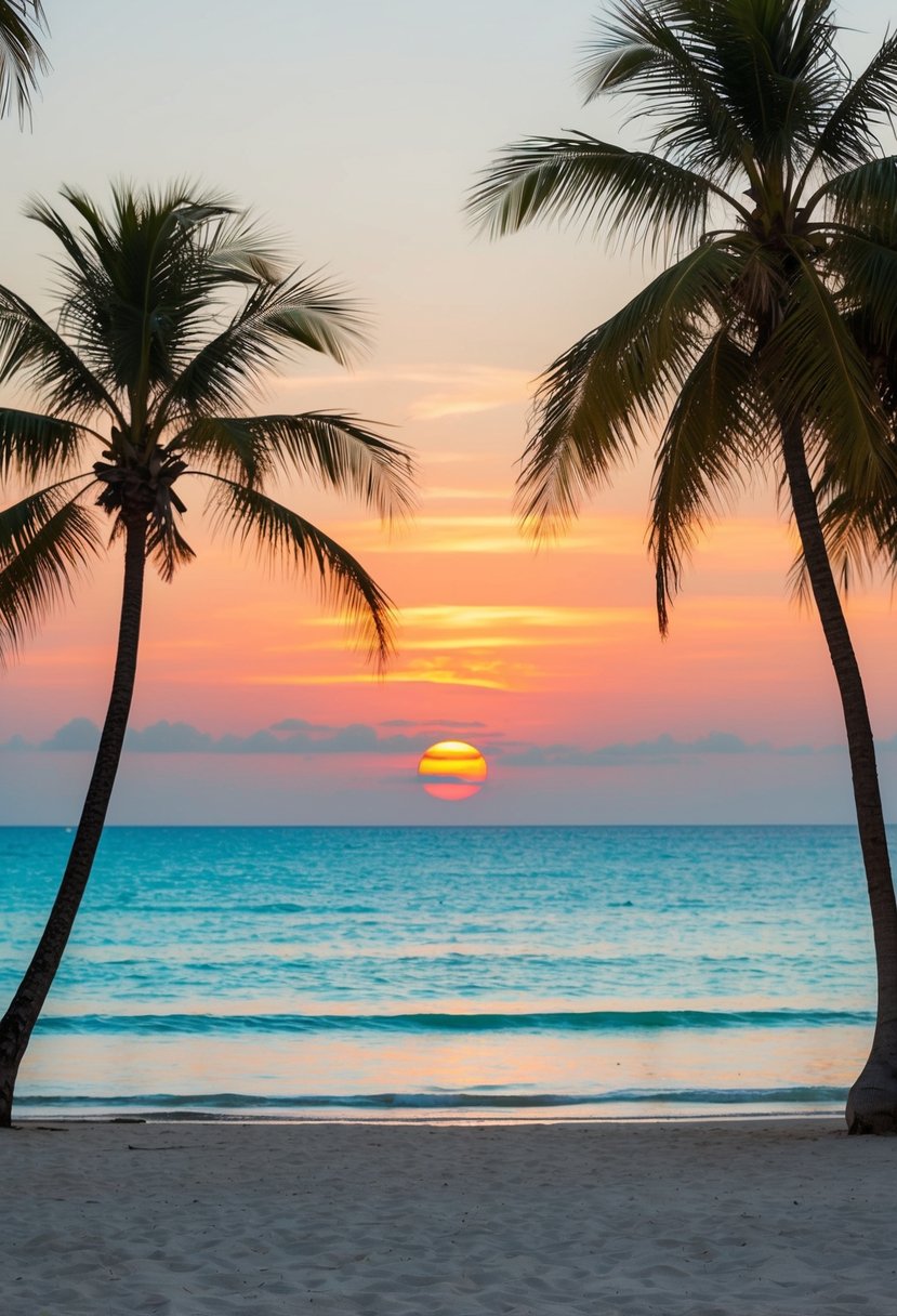 A secluded beach with turquoise waters, palm trees, and a colorful sunset