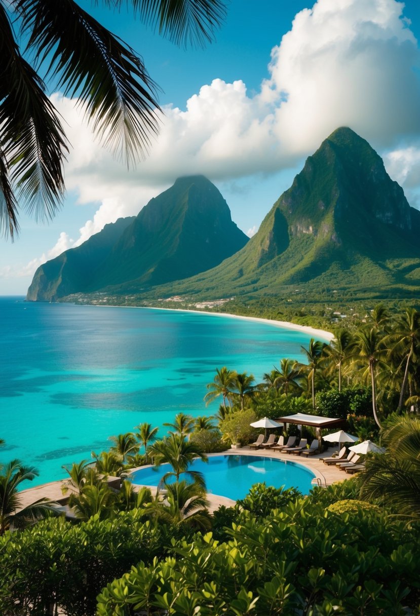 A lush tropical resort nestled between the Piton mountains, overlooking the turquoise waters of the Caribbean Sea