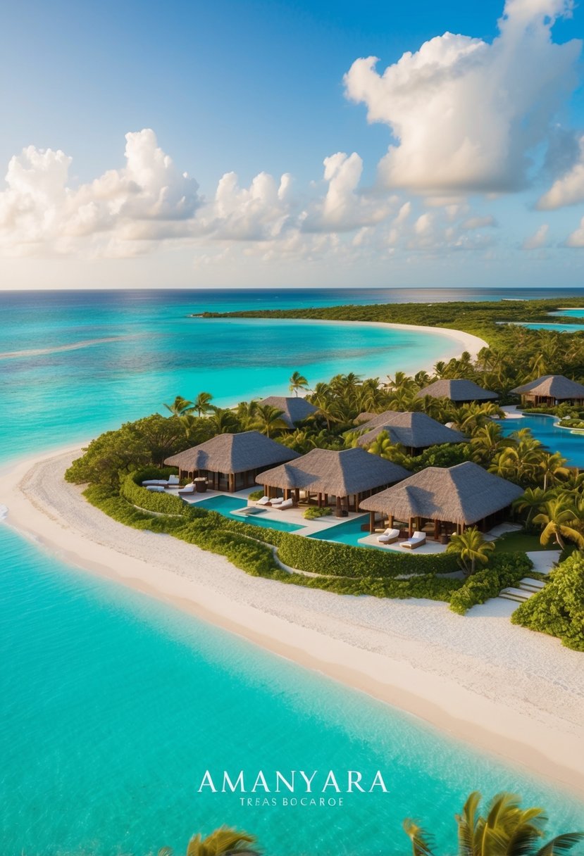 Amanyara resort in Turks and Caicos, with crystal-clear turquoise waters, white sandy beaches, lush greenery, and luxurious villas nestled among the tropical landscape