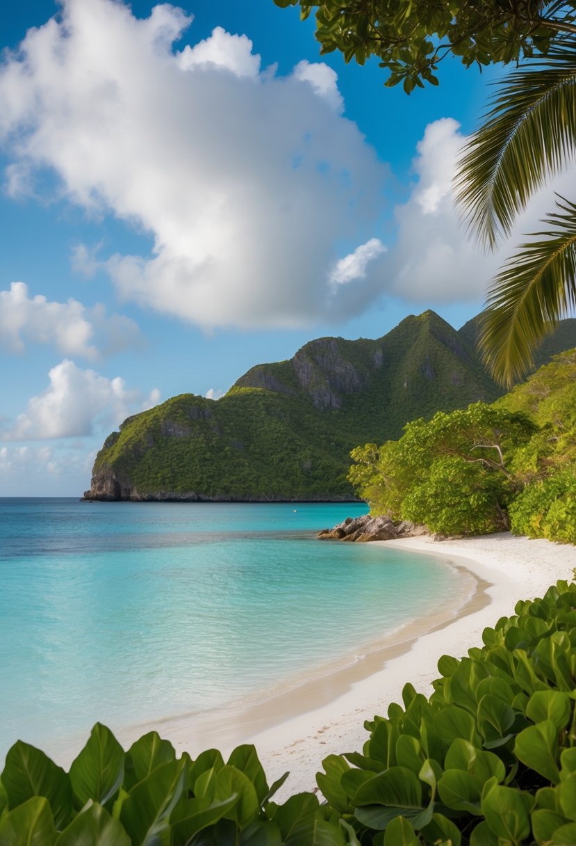 A serene beach at Hermitage Bay, Antigua. Crystal-clear waters meet white sand and lush greenery, creating a perfect Caribbean honeymoon destination