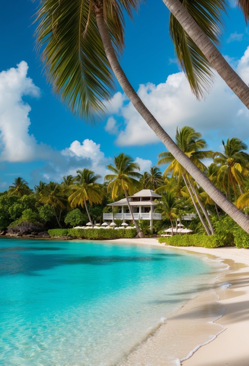 A serene beach with crystal-clear turquoise waters, palm trees swaying in the gentle breeze, and a luxurious resort nestled among lush tropical greenery at Jamaica's GoldenEye Caribbean honeymoon destination
