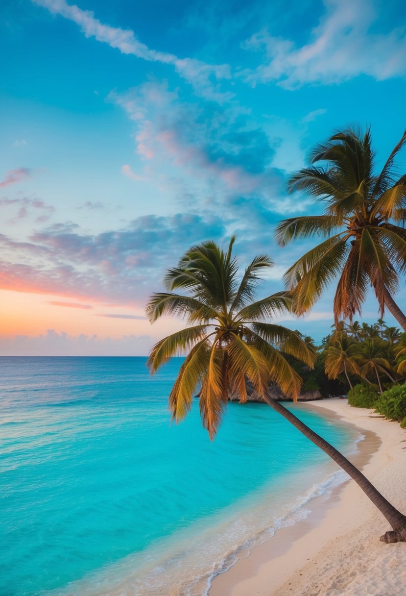 A serene beach with palm trees, a crystal-clear blue ocean, and a colorful sunset sky, perfect for honeymooners