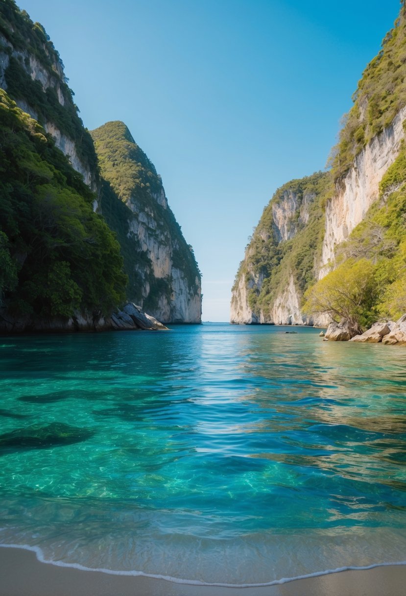 A secluded bay with crystal-clear waters, surrounded by lush greenery and towering cliffs. White sand beach and a peaceful, romantic atmosphere